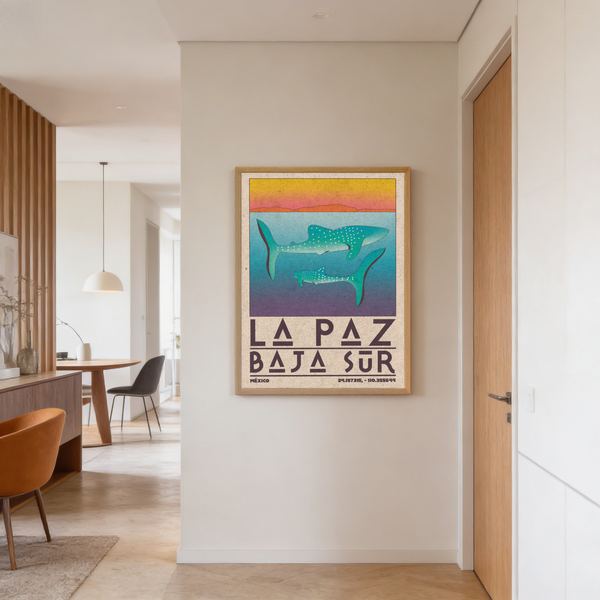 La Paz Mexico Poster showing spotted whale sharks gliding through teal water