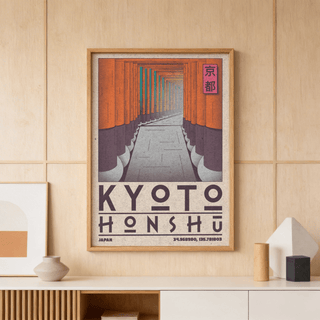 Close-up print detail showing stacked shrine gate columns and vanishing-point walkway in Kyoto poster art