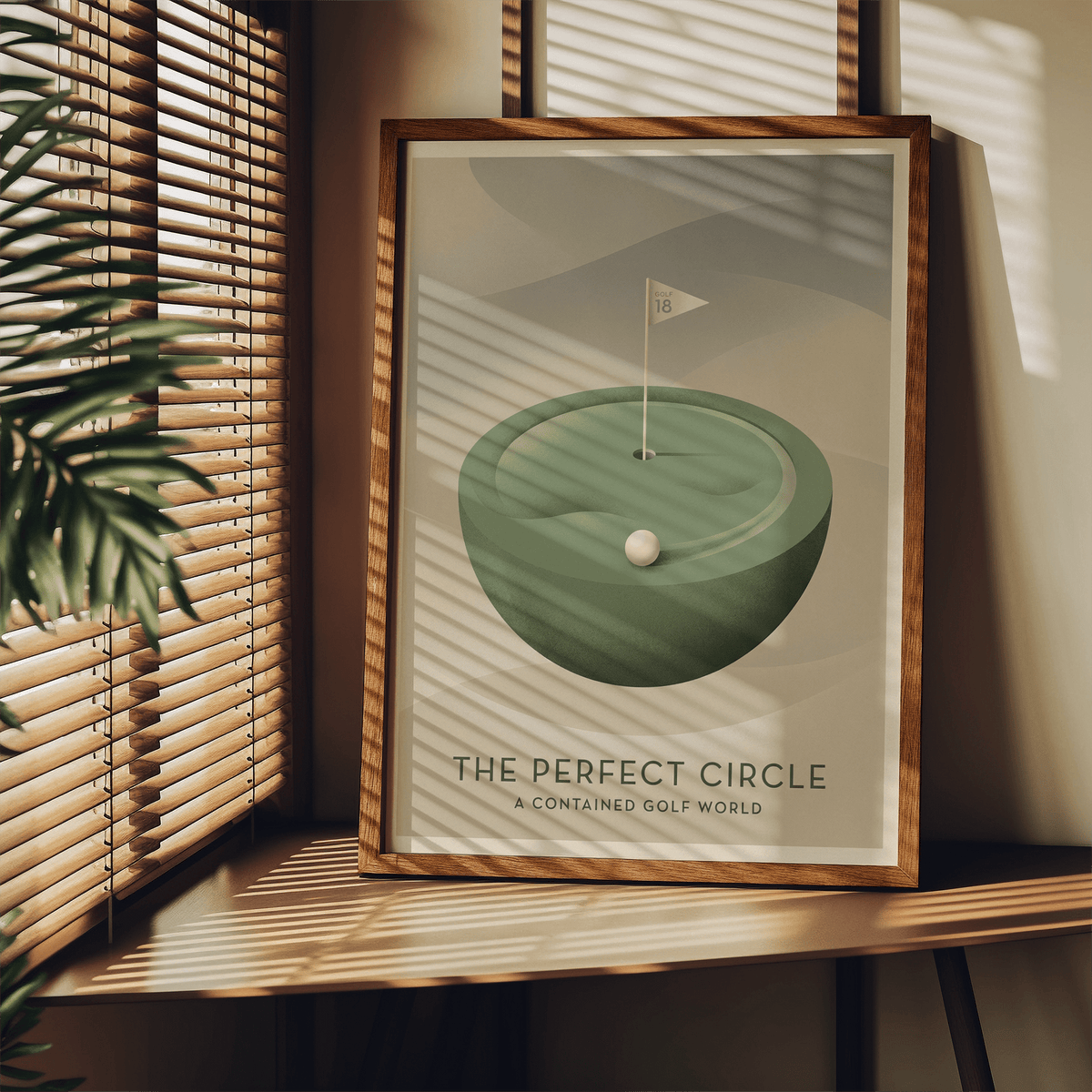 Golf Art Print with circular putting green, ball, and GOLF 18 flag