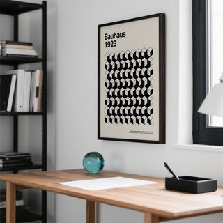 Monochrome Bauhaus Design Poster styled in a minimalist office space.