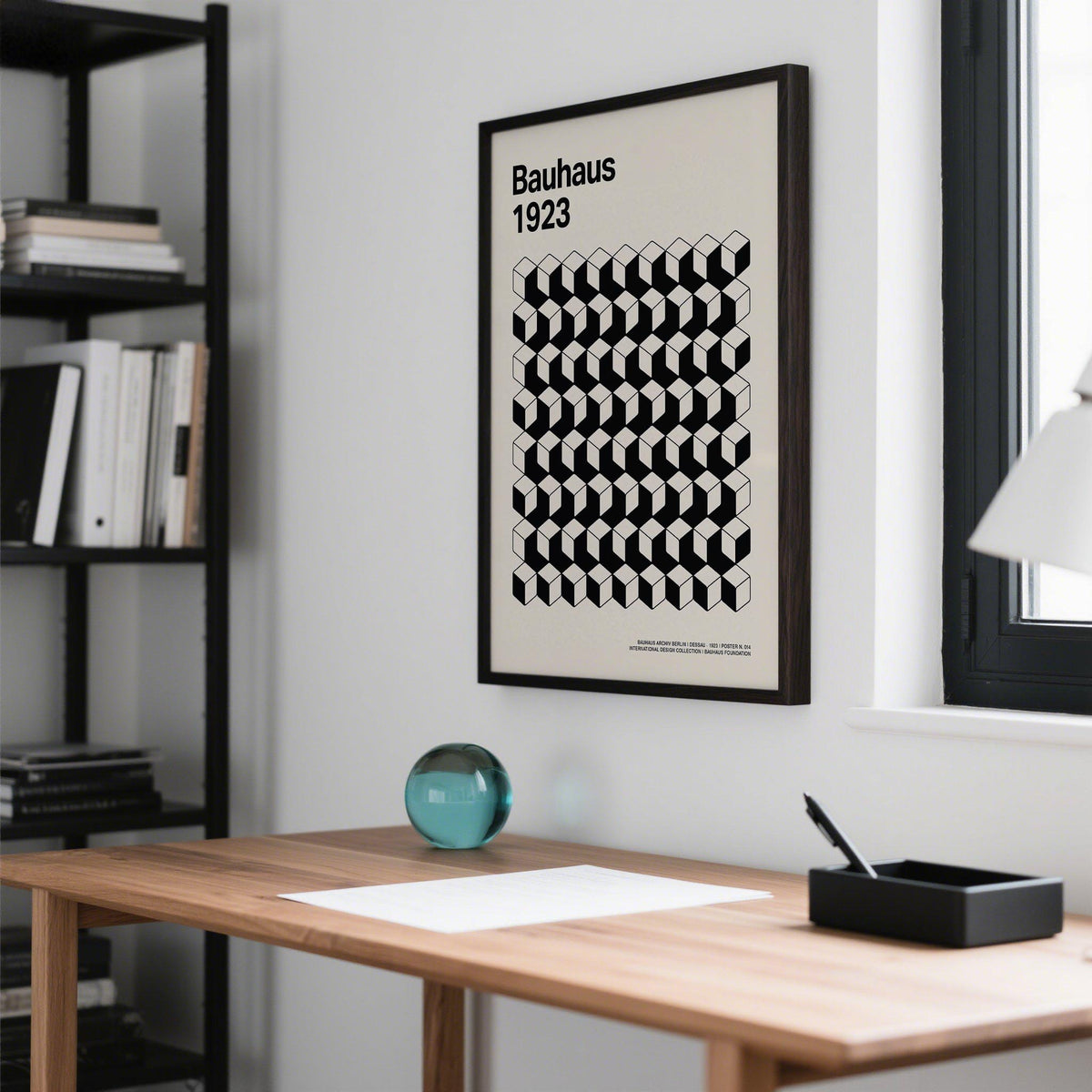 Monochrome Bauhaus Design Poster styled in a minimalist office space.