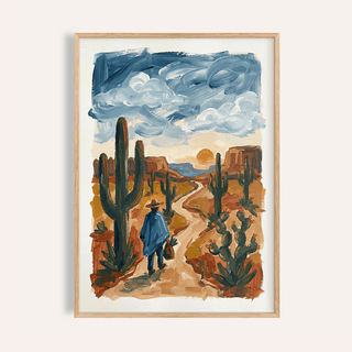 Sunset Cactus Poster Print with blue sky and green cacti for living room wall art