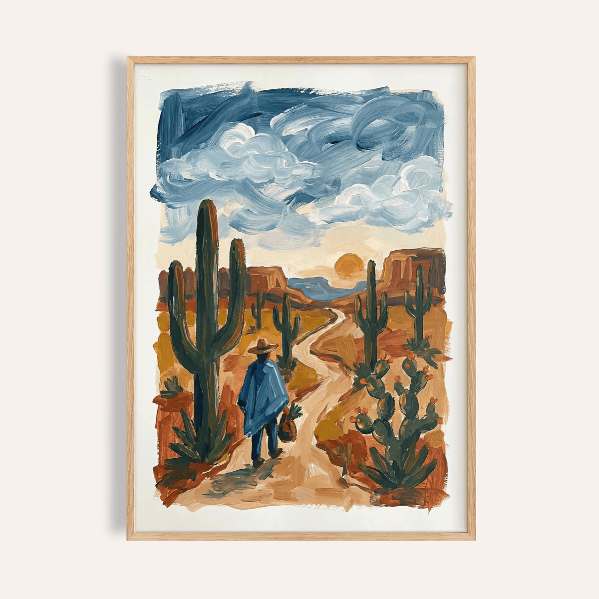 Sunset Cactus Poster Print with blue sky and green cacti for living room wall art
