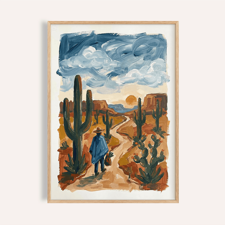 Sunset Cactus Poster Print with blue sky and green cacti for living room wall art