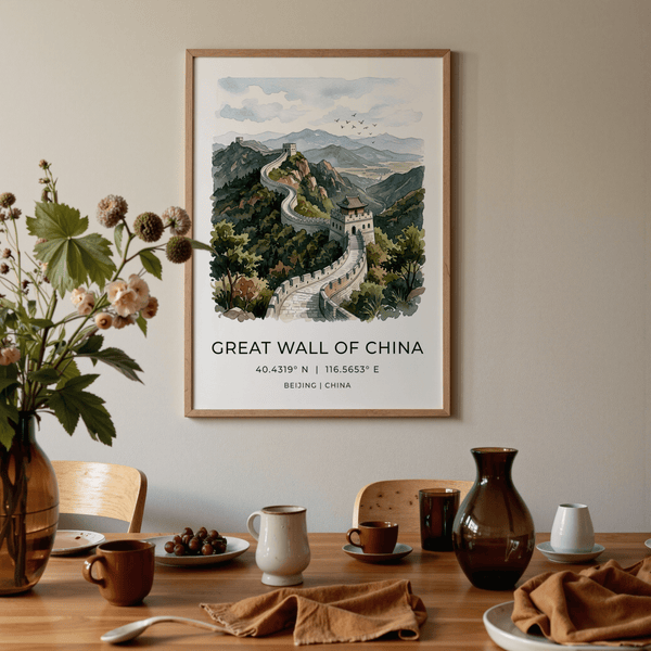 Illustrated panorama of iconic Chinese monument among rolling ridges