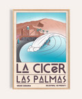Foreground view of Las Palmas Wall Art poster showing a surfer inside a curling wave and La Cicer text