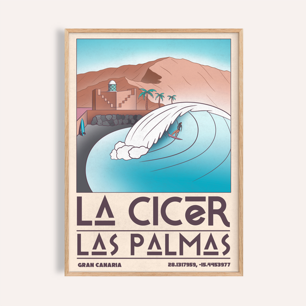 Foreground view of Las Palmas Wall Art poster showing a surfer inside a curling wave and La Cicer text