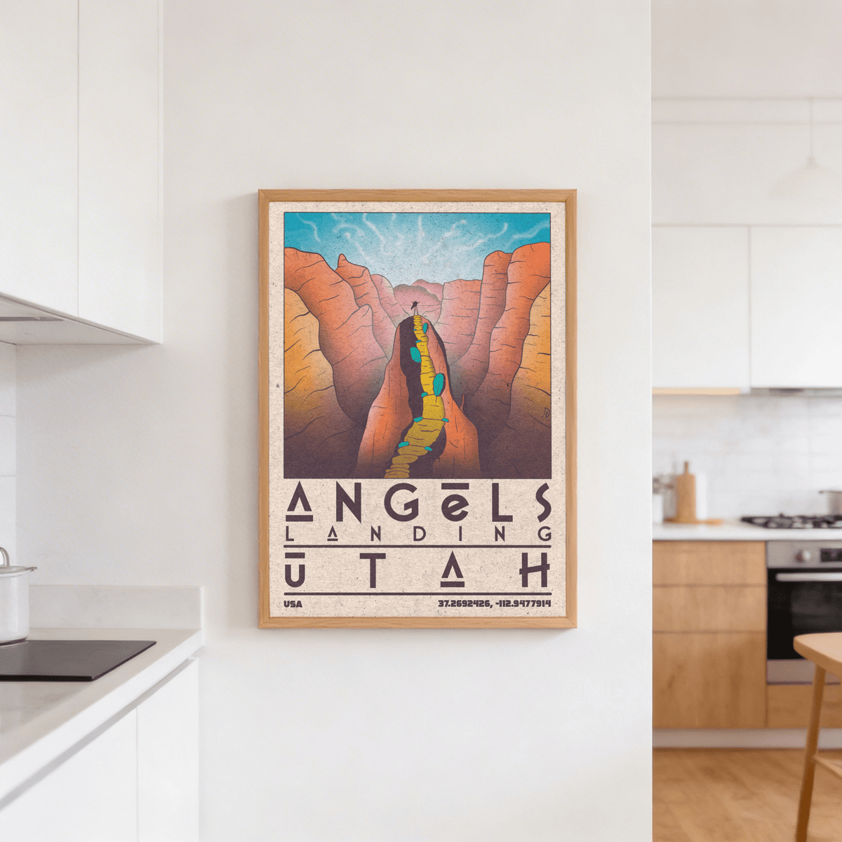 Landscape wall art print featuring cliffs framing a deep valley and a path rising through the center
