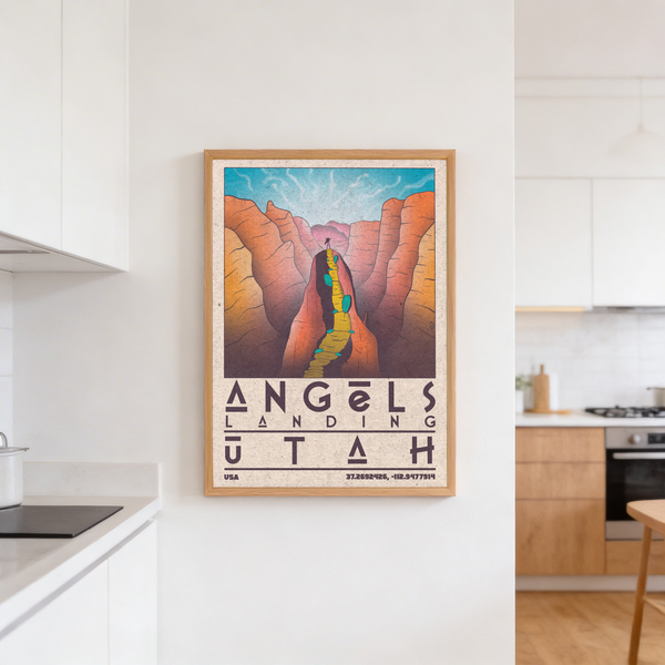 Landscape wall art print featuring cliffs framing a deep valley and a path rising through the center