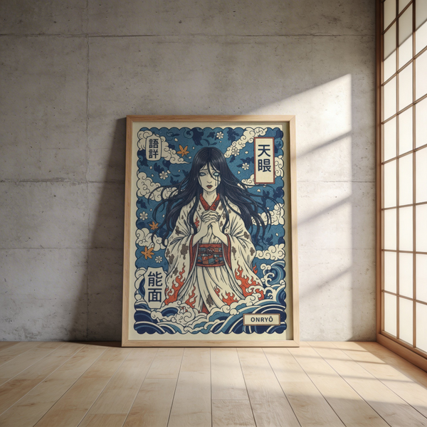 Square folklore art print with long hair strands spreading across the background