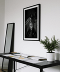Zebra Black White Print wall art showing close-up zebra face and ears