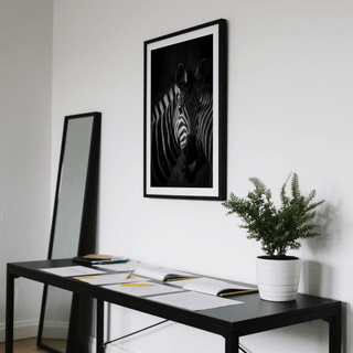 Zebra Black White Print wall art showing close-up zebra face and ears