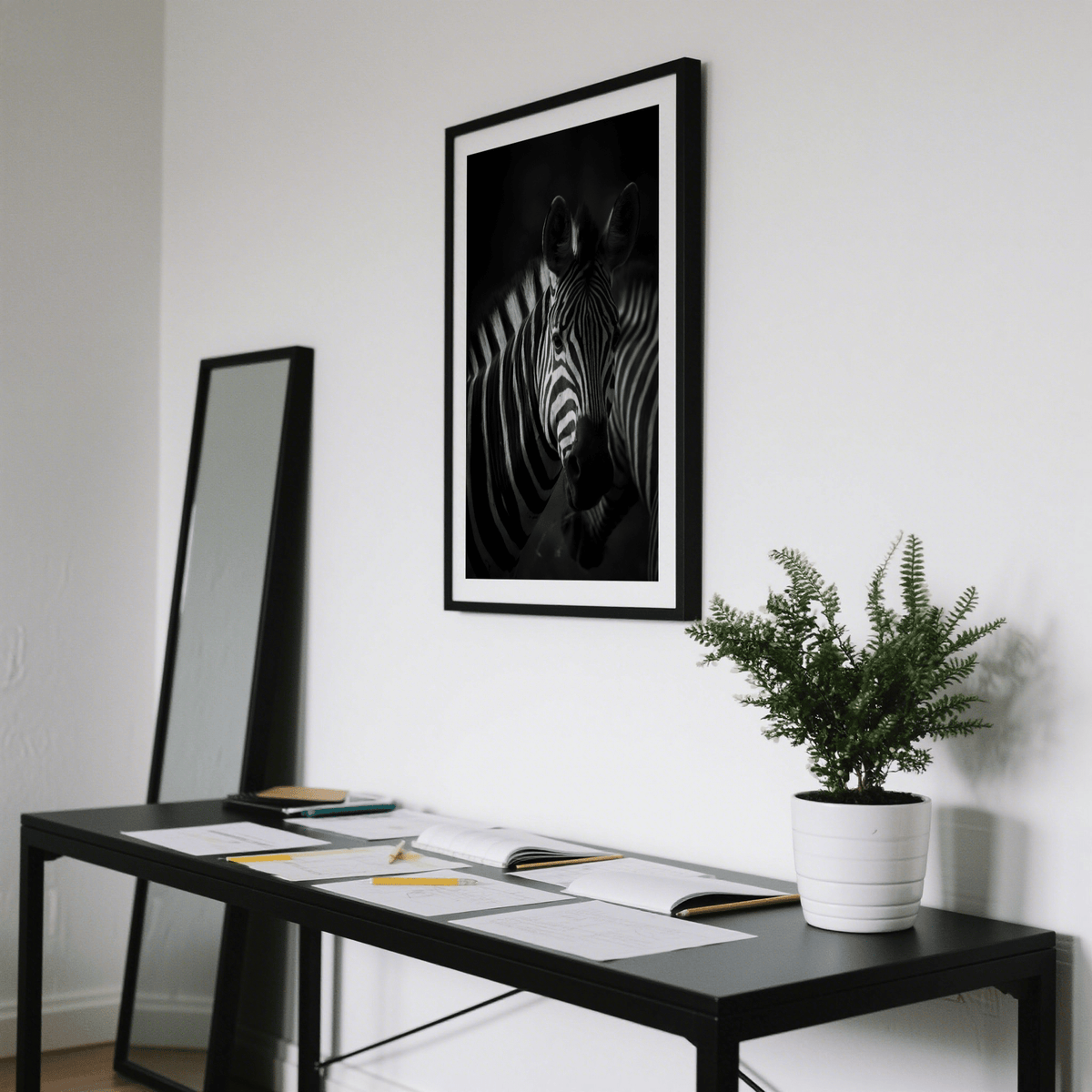 Zebra Black White Print wall art showing close-up zebra face and ears