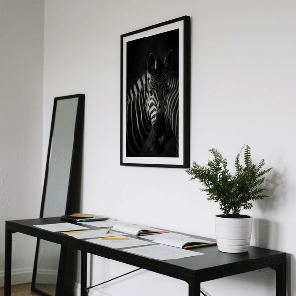 Zebra Black White Print wall art showing close-up zebra face and ears