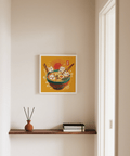 Living room wall art featuring Cute Cat Print in White, Yellow, Red, Green