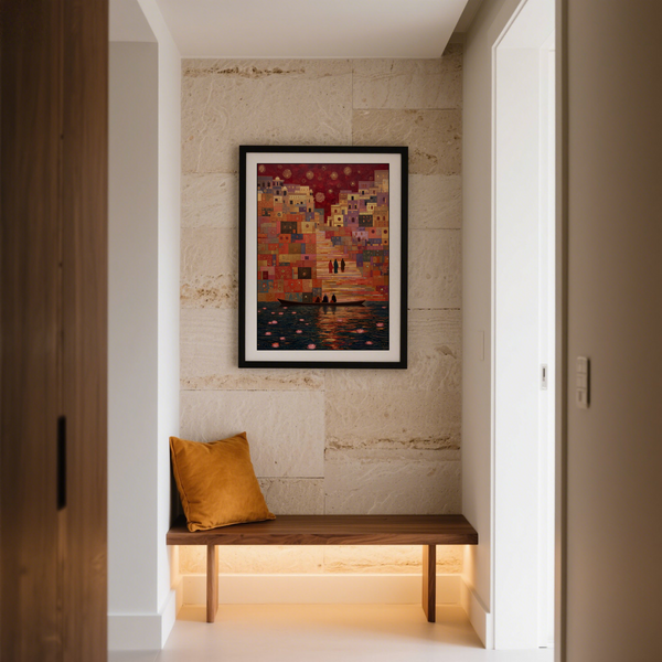 Angle shot capturing multicolored facade blocks and geometric doorways