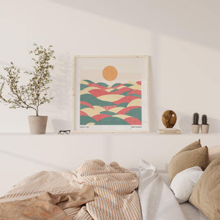 Japanese contemporary square pastel abstract artwork with rolling hills