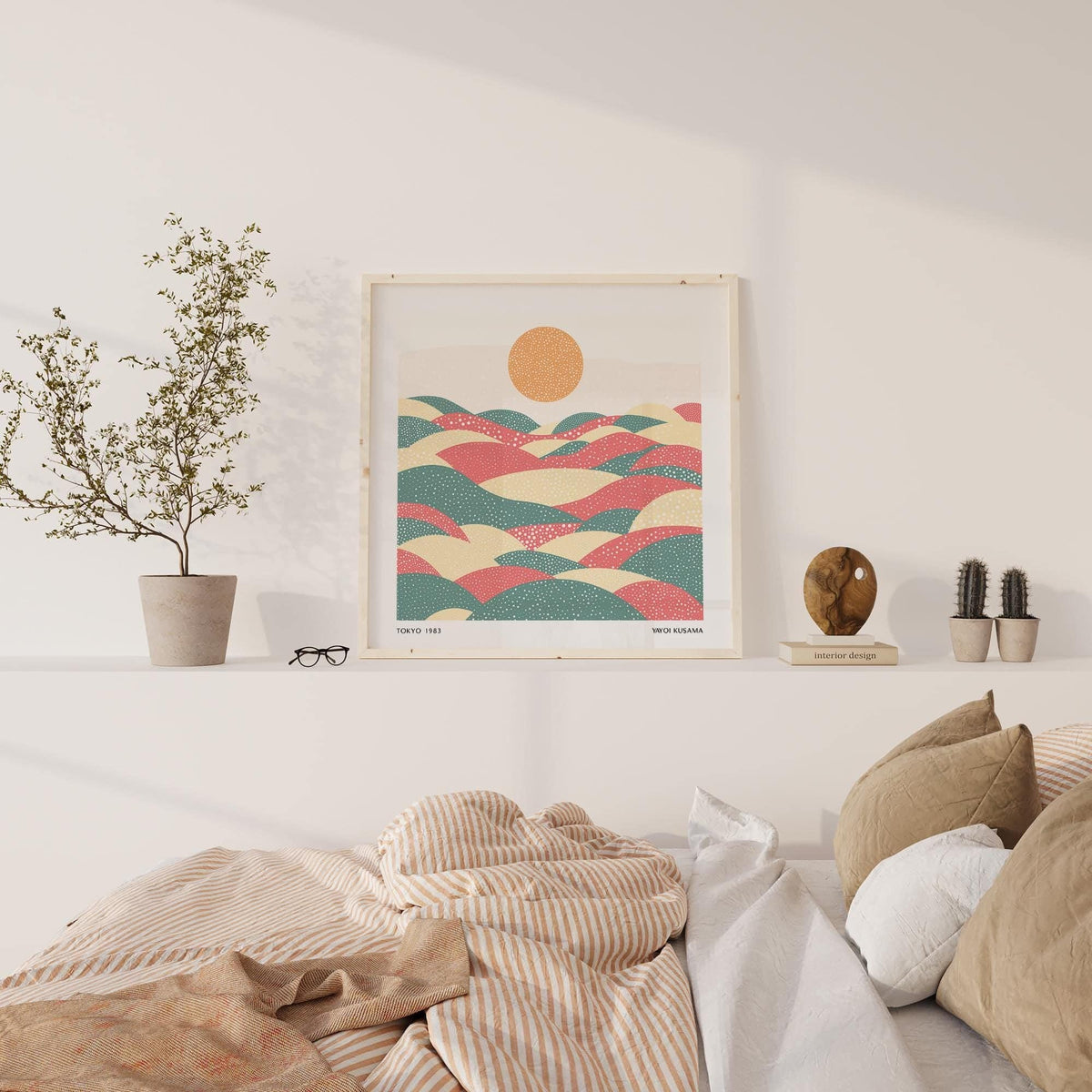 Japanese contemporary square pastel abstract artwork with rolling hills