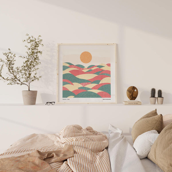 Japanese contemporary square pastel abstract artwork with rolling hills