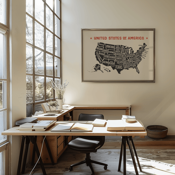 US Map Poster featuring Red accents, ideal office art print