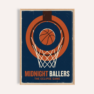 Centered hoop-and-ball basketball poster with distressed texture and bold bottom title text