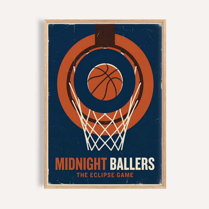 Centered hoop-and-ball basketball poster with distressed texture and bold bottom title text