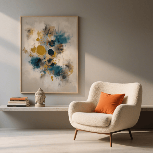 Contemporary Modern Art Print in Blue, Gold, Beige for entryway wall art