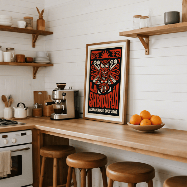 Graphic owl wall art print with geometric markings, spread wings, and bold typography