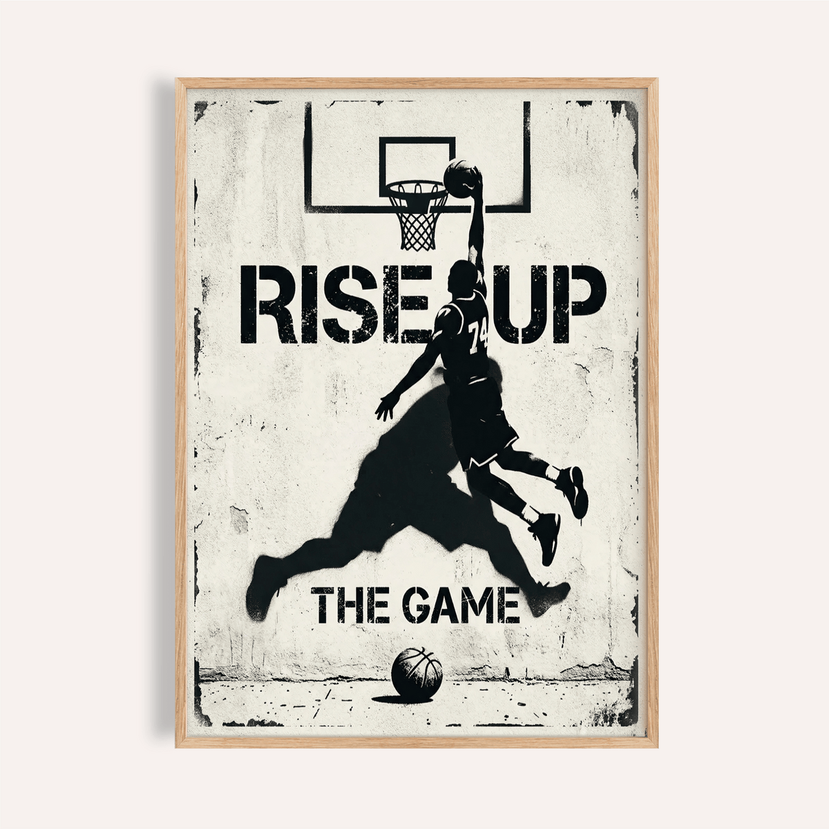 Front view of Basketball Rise up Art Print on brick wall