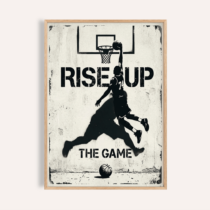 Front view of Basketball Rise up Art Print on brick wall