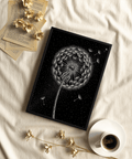 Dandelion Poster with detailed seeds, black and white, for office decor