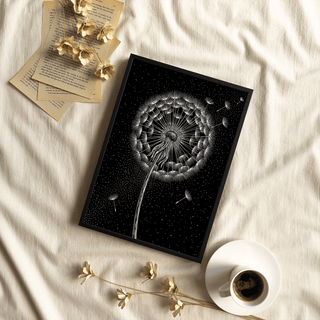 Dandelion Poster with detailed seeds, black and white, for office decor