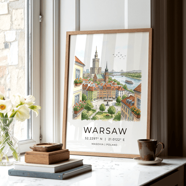 Warsaw City Art Print with Old Town buildings, riverboat, and birds