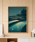 Japanese landscape print of rice paddies with glowing lights and reflected water