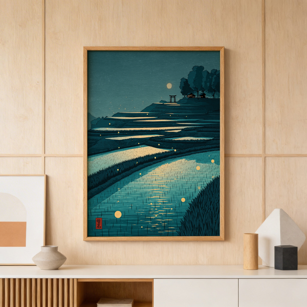 Japanese landscape print of rice paddies with glowing lights and reflected water