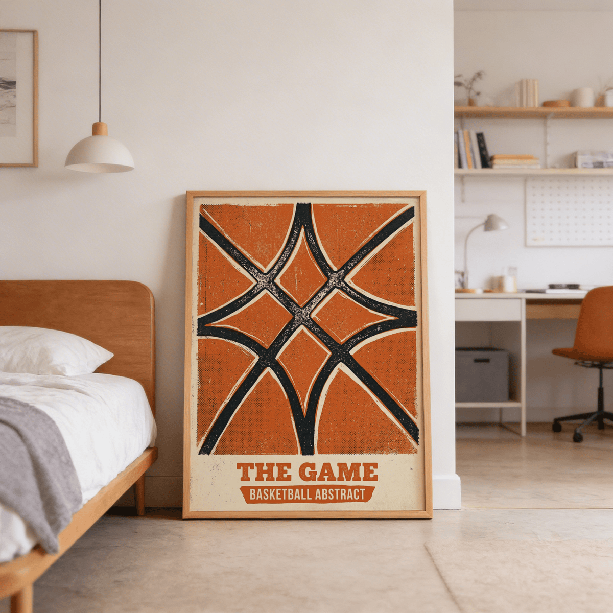 Distressed basketball-themed wall art print with intersecting arcs and centered composition