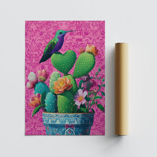 Floral pink wall art featuring a heart shaped cactus and colorful desert plants