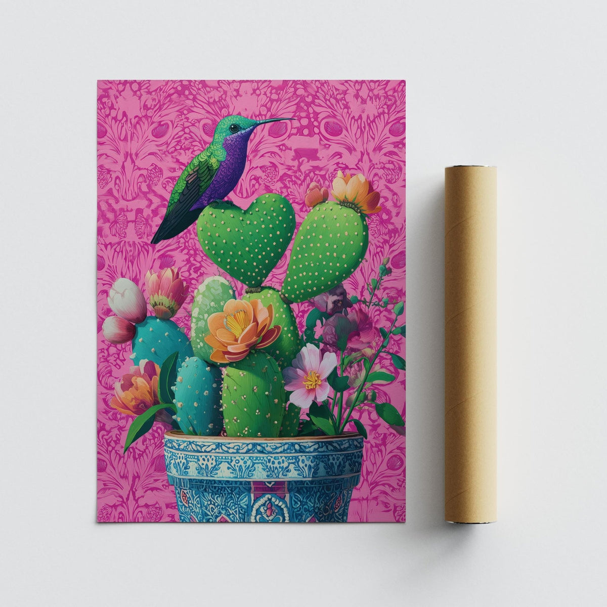 Floral pink wall art featuring a heart shaped cactus and colorful desert plants