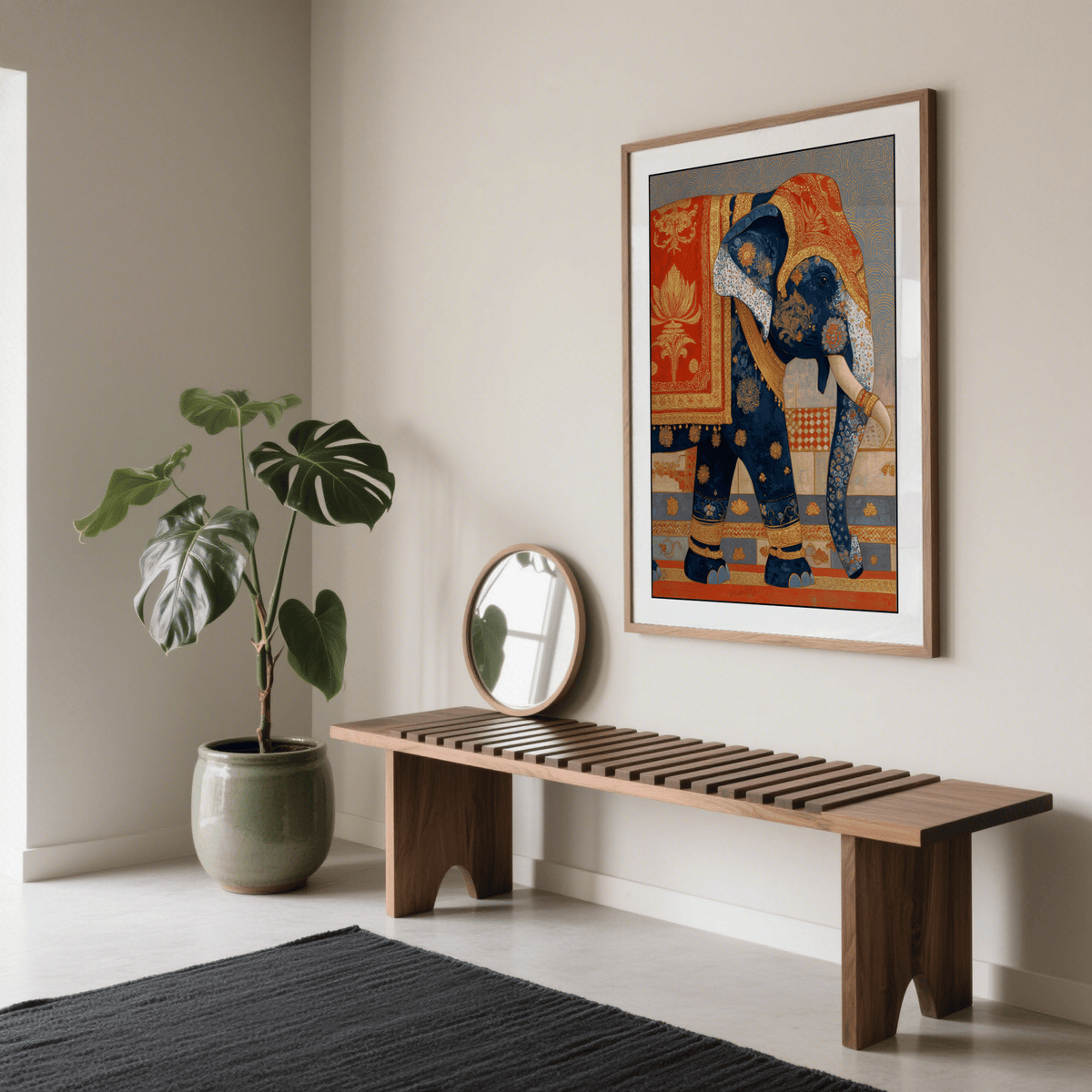 Side-profile elephant poster print with floral motifs and banded borders