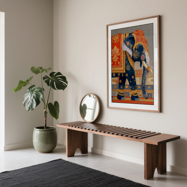 Side-profile elephant poster print with floral motifs and banded borders