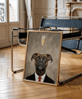 Boxer Dog Poster in black suit, beige background, wall art for bedroom