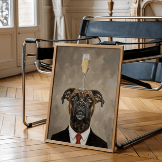 Boxer Dog Poster in black suit, beige background, wall art for bedroom