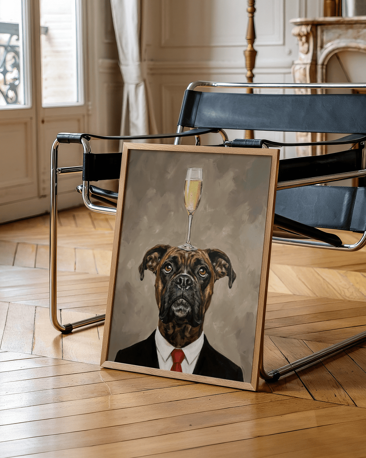Boxer Dog Poster in black suit, beige background, wall art for bedroom