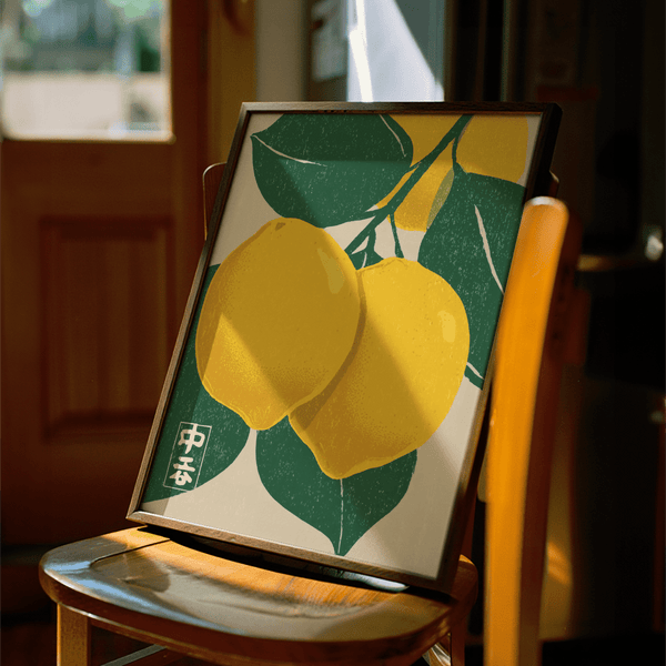 Citrus Fruit Print with green leaves and yellow citrus for living room decor wall art