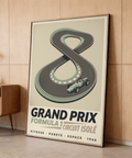 Angled view of race track print with bold GRAND PRIX typography