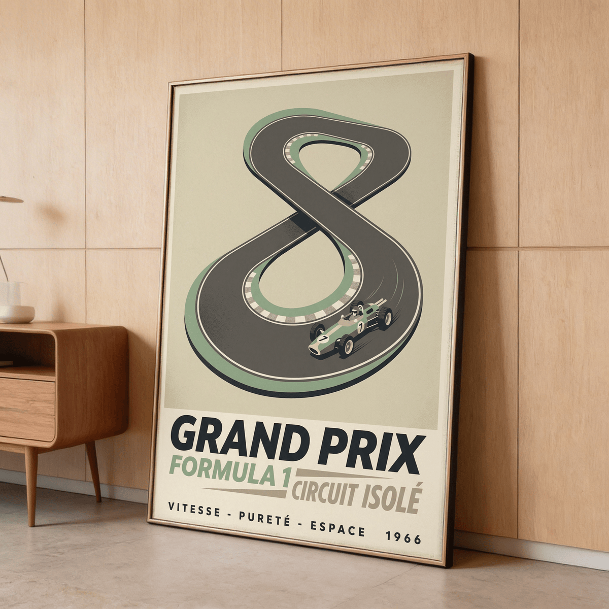 Angled view of race track print with bold GRAND PRIX typography