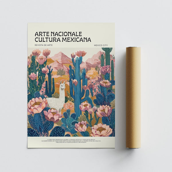 Richly colored desert scene with llama and flora in Mexican Wall Decor.