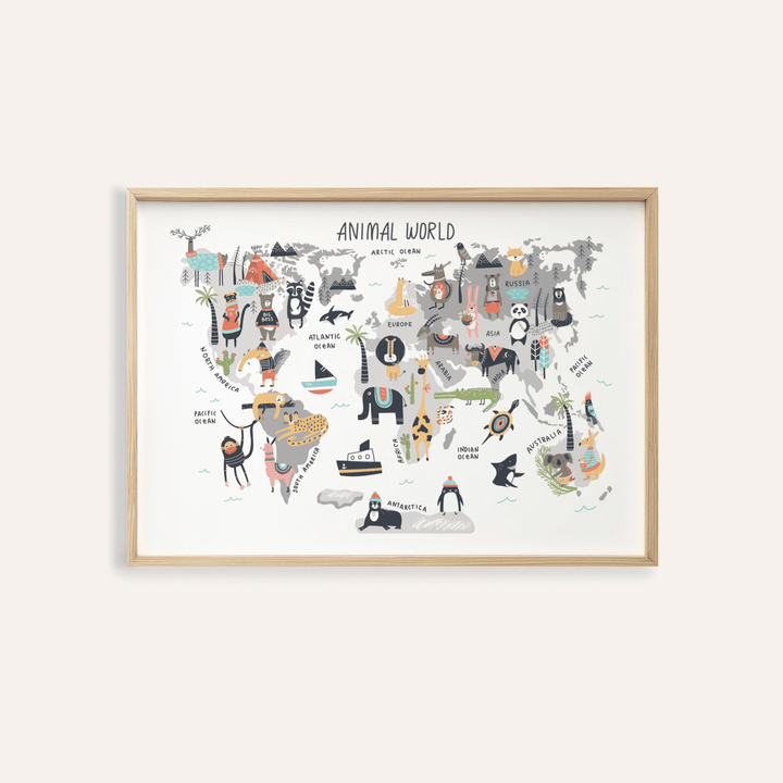 World Map for Kids print with Multicolored, Gray, and White animals for nursery wall art
