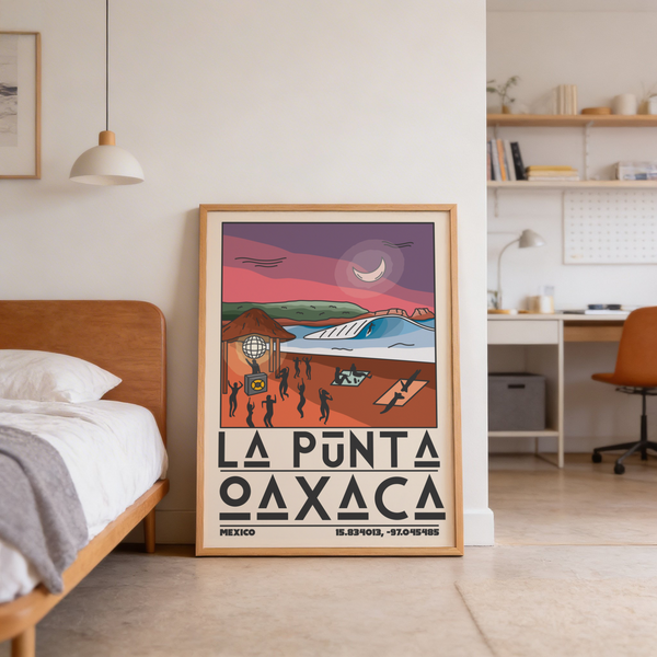 Graphic coastal scene with hut, disco ball, and palm outlines