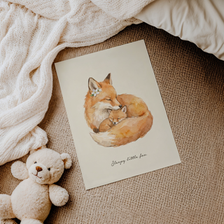 Soft Orange and Beige fox poster with closed-eye foxes in a protective pose